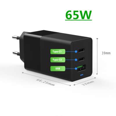 2020 NEW dual PD QC 3.0 3 port 65 W fast charger for laptop iphone Samsung Xiaomi